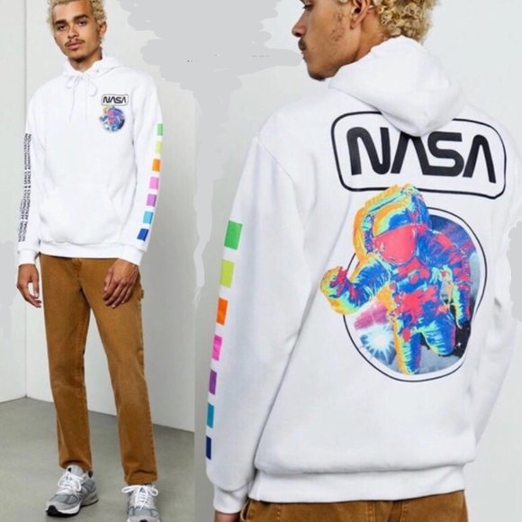 NASA Other - NASA White Cotton Blend Hoodie Men’s Neon Astronaut Front & Back